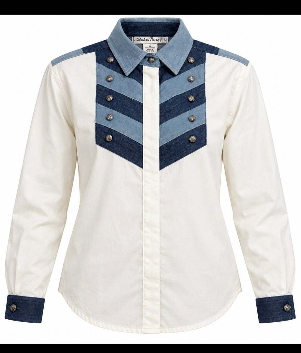 Adobe Rose Womens S Western Shirt Cream Denim Chevron Silver Buttons 100% Cotton